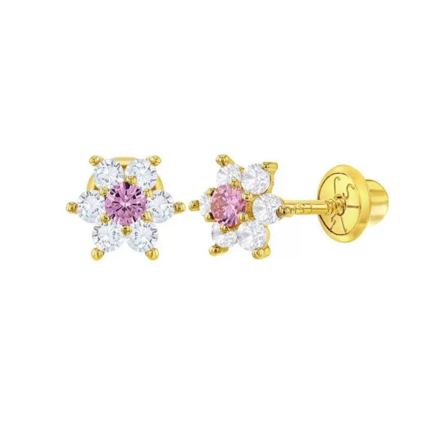 14k Gold Plated AAA White and Pink CZ Flowers Baby Children Screw Back Earrings