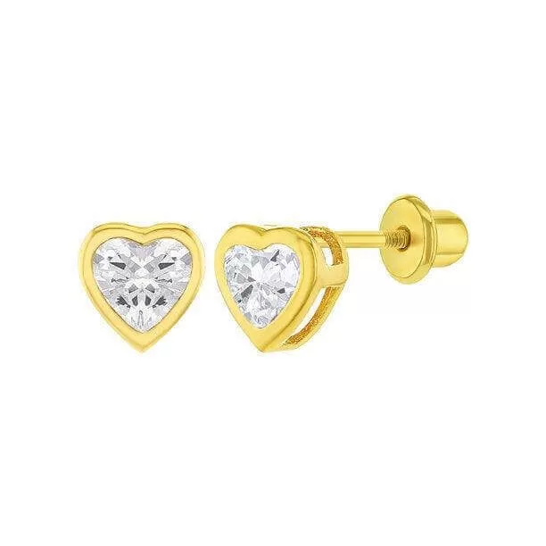 14k Gold Plated Simple AAA CZ Hearts Baby Children Screw Back Earrings