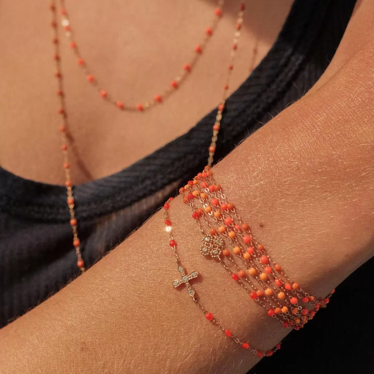 18K Gold and Neon Orange Resin Beaded Classic Bracelet