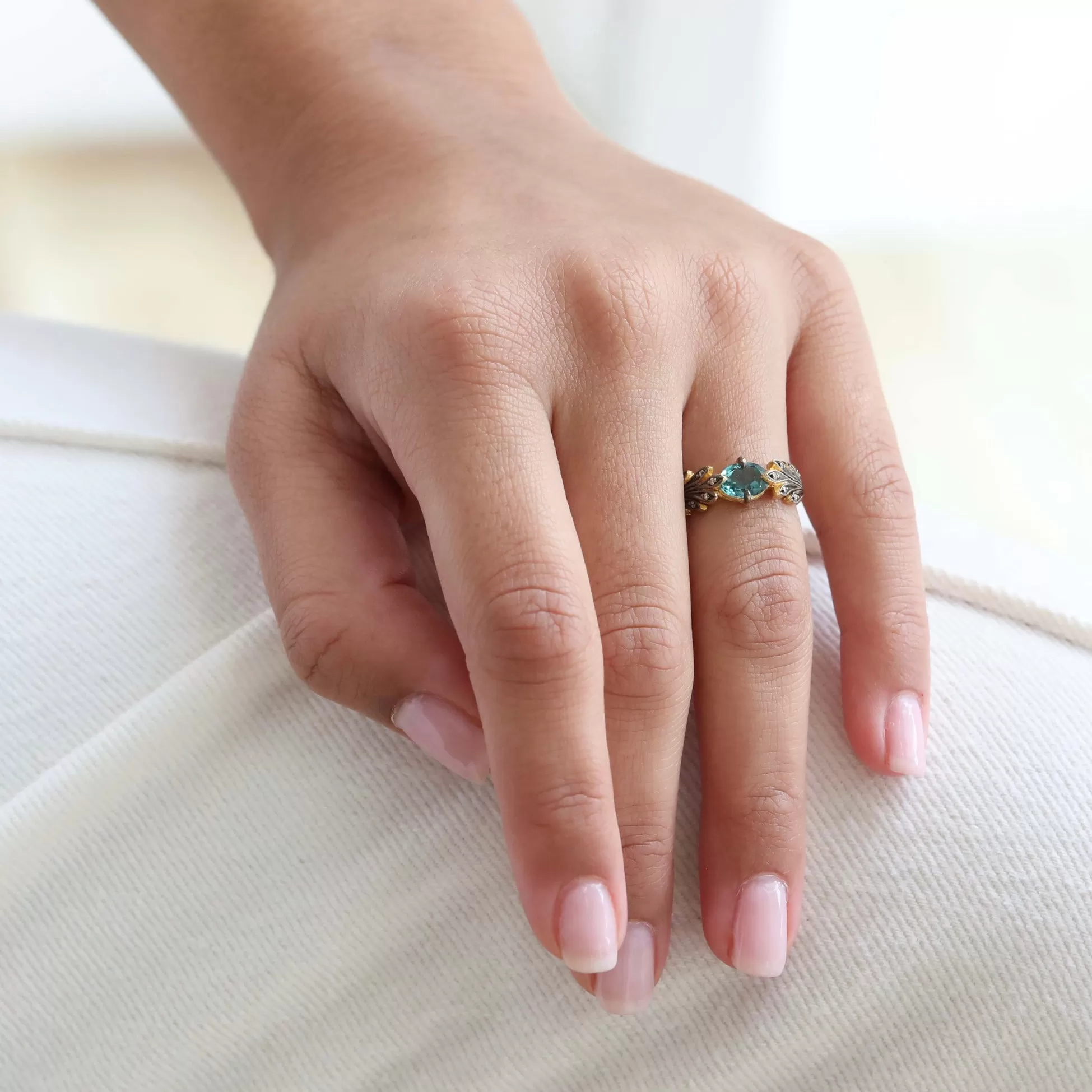 22 Karat Yellow Gold Leafside Ring with Blue/Green Tourmaline and Diamonds