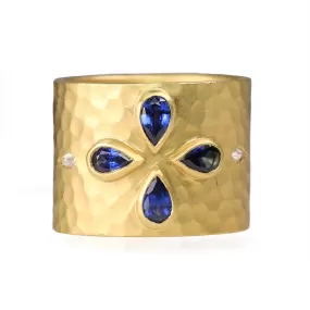 22K Gold Hammered Blue Sapphire and Diamond Cigar Ring