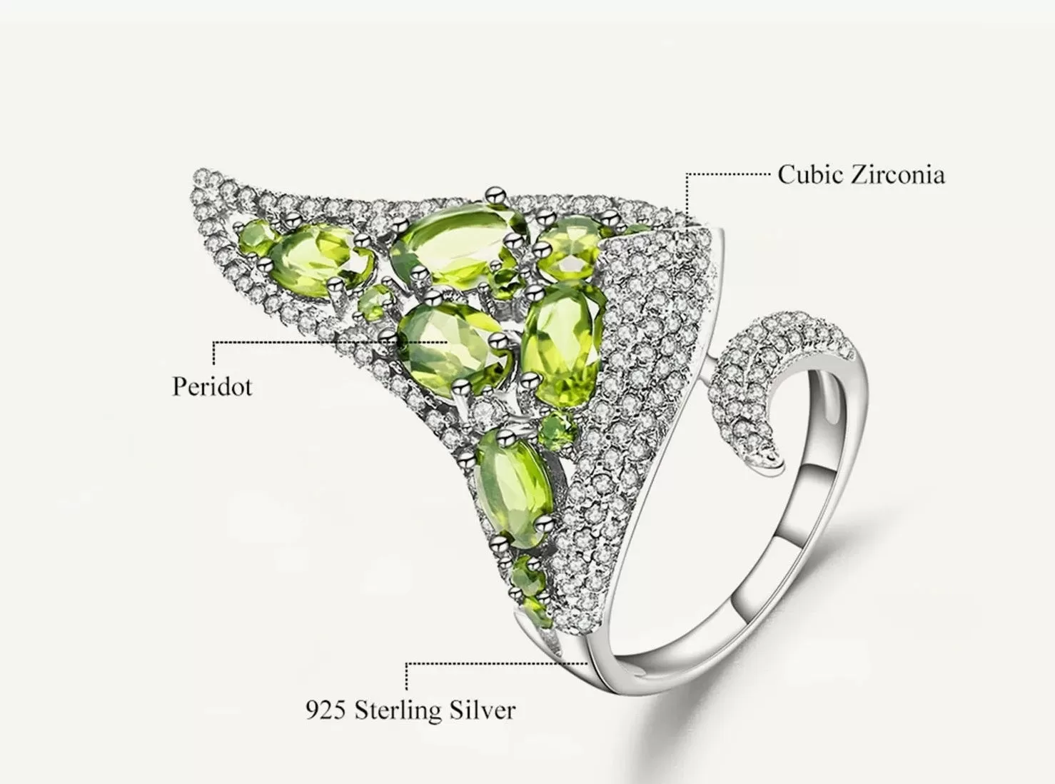 4.43Ct Irregular Shaped Peridot 925 Sterling Silver Resizable Ring