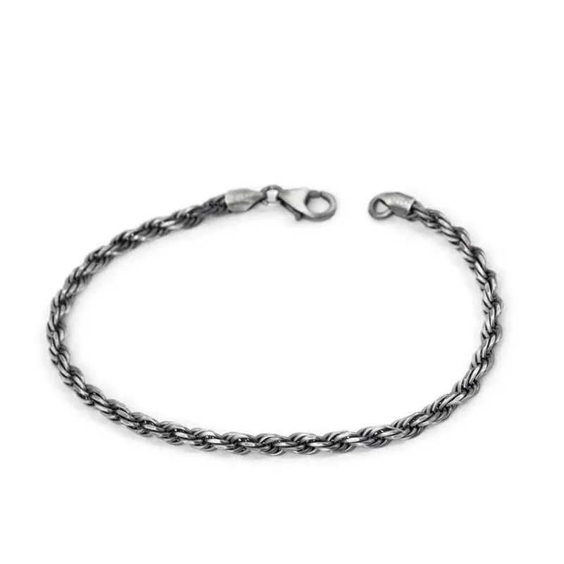 4mm Rope Link Men's Chain Bracelet Oxidized Sterling Silver 7.5 to 9 inch