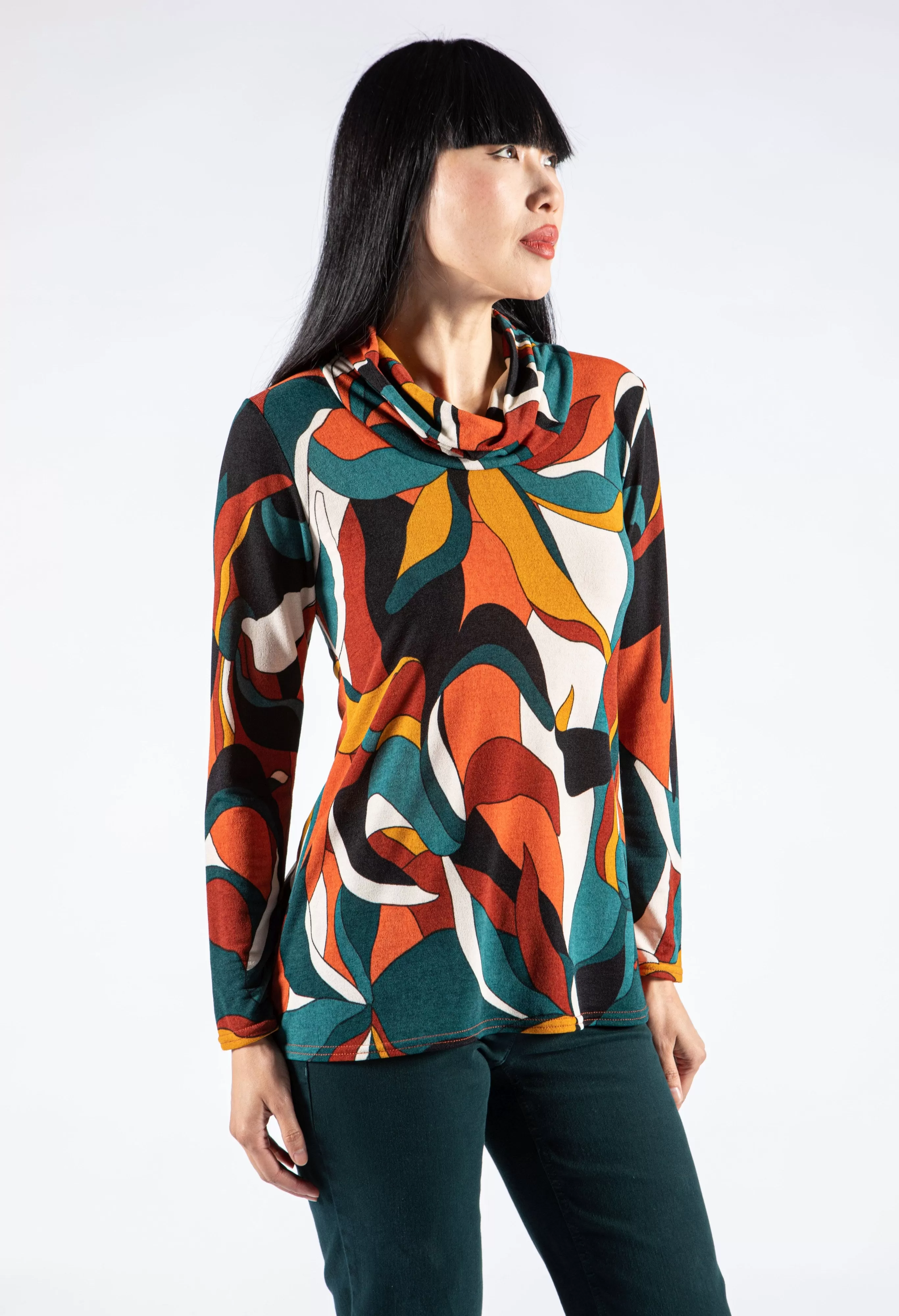 Abstract Print Cowl Neck Top