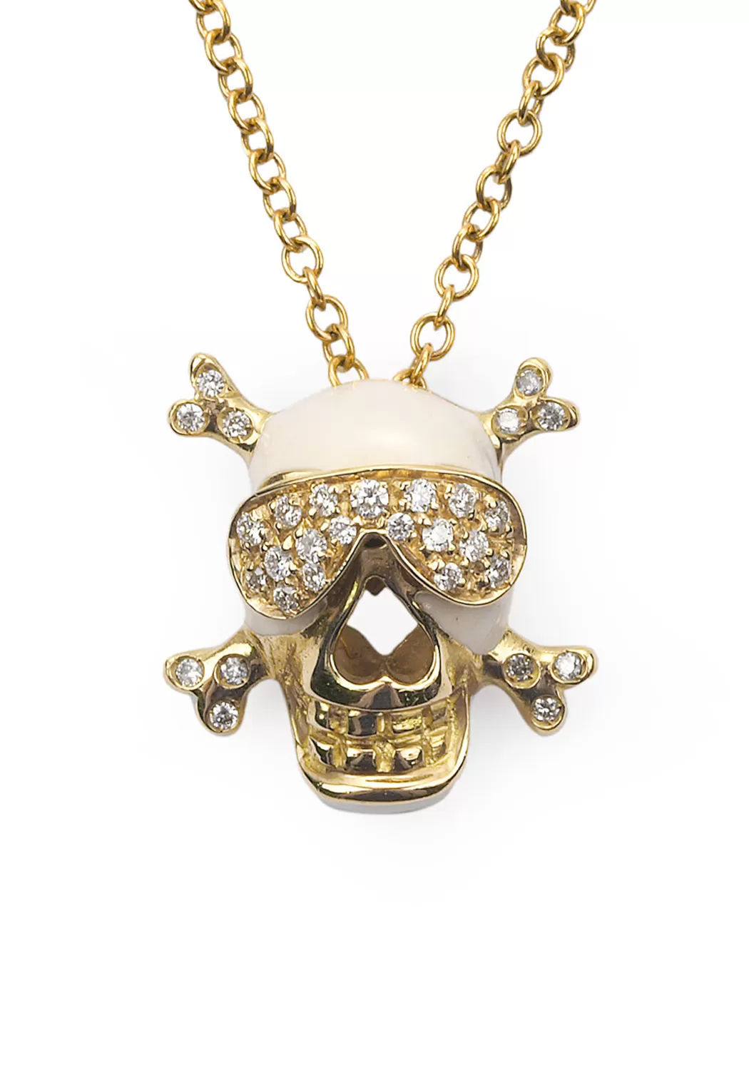 Adolfo Courrier Enamel & Diamond Skull & Crossbones Pendant Necklace