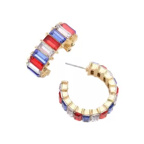 American USA Flag Baguette Stone Cluster Hoop Earrings