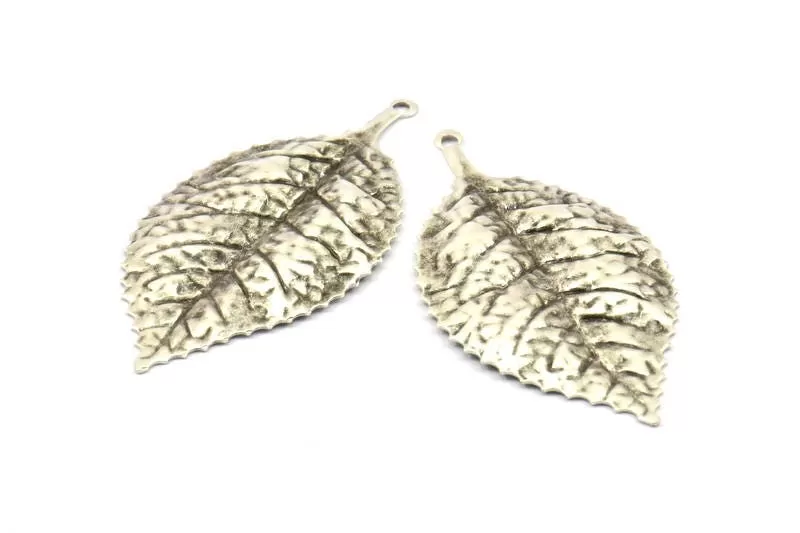 Antique Silver Leaf Charm, 4 Antique Silver Plated Leaf Pendants With 1 Loop, Charms ,Findings (60x30mm) A0496 H0249