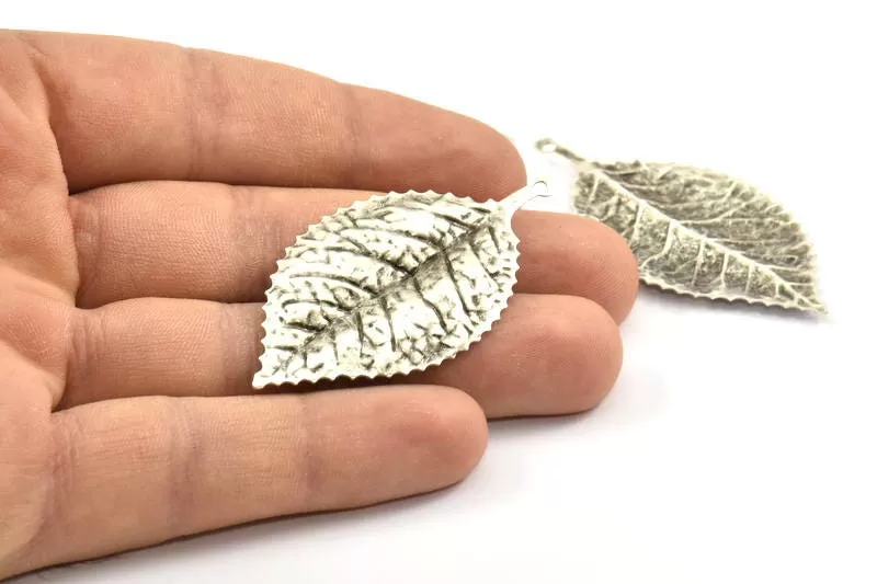 Antique Silver Leaf Charm, 4 Antique Silver Plated Leaf Pendants With 1 Loop, Charms ,Findings (60x30mm) A0496 H0249