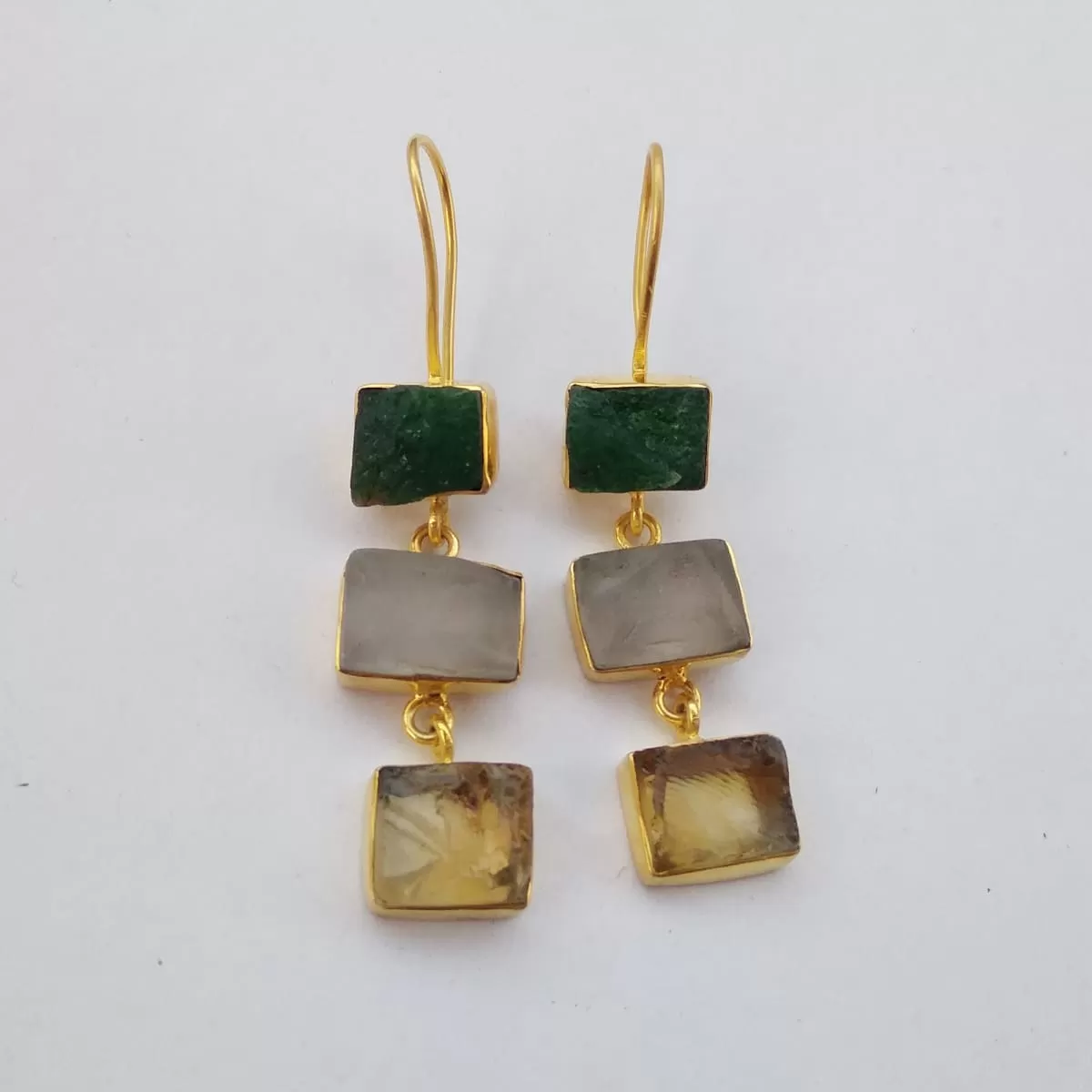 Aventurine, Crystal And Citrine Dangle Earrings With 18k Gold Plated