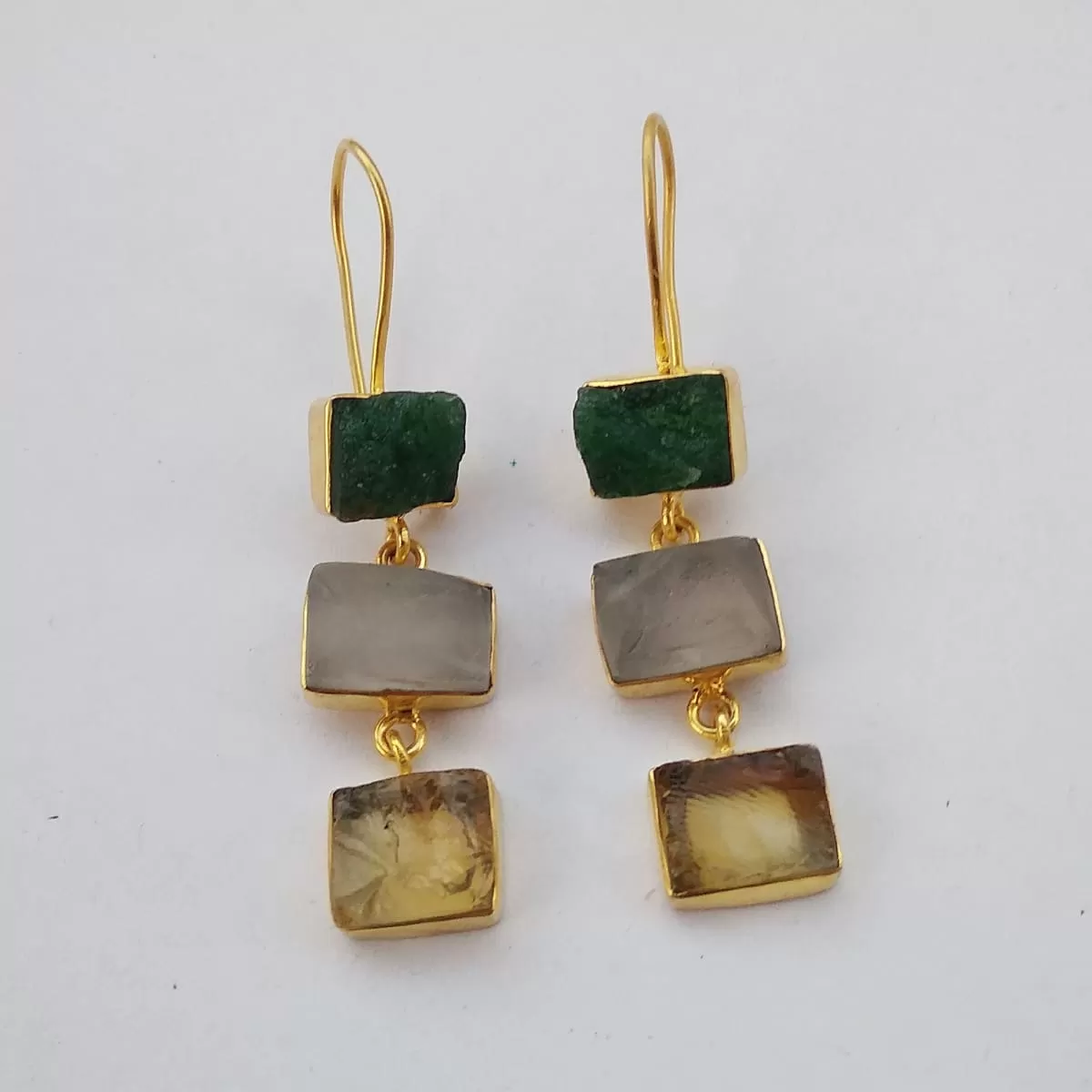 Aventurine, Crystal And Citrine Dangle Earrings With 18k Gold Plated