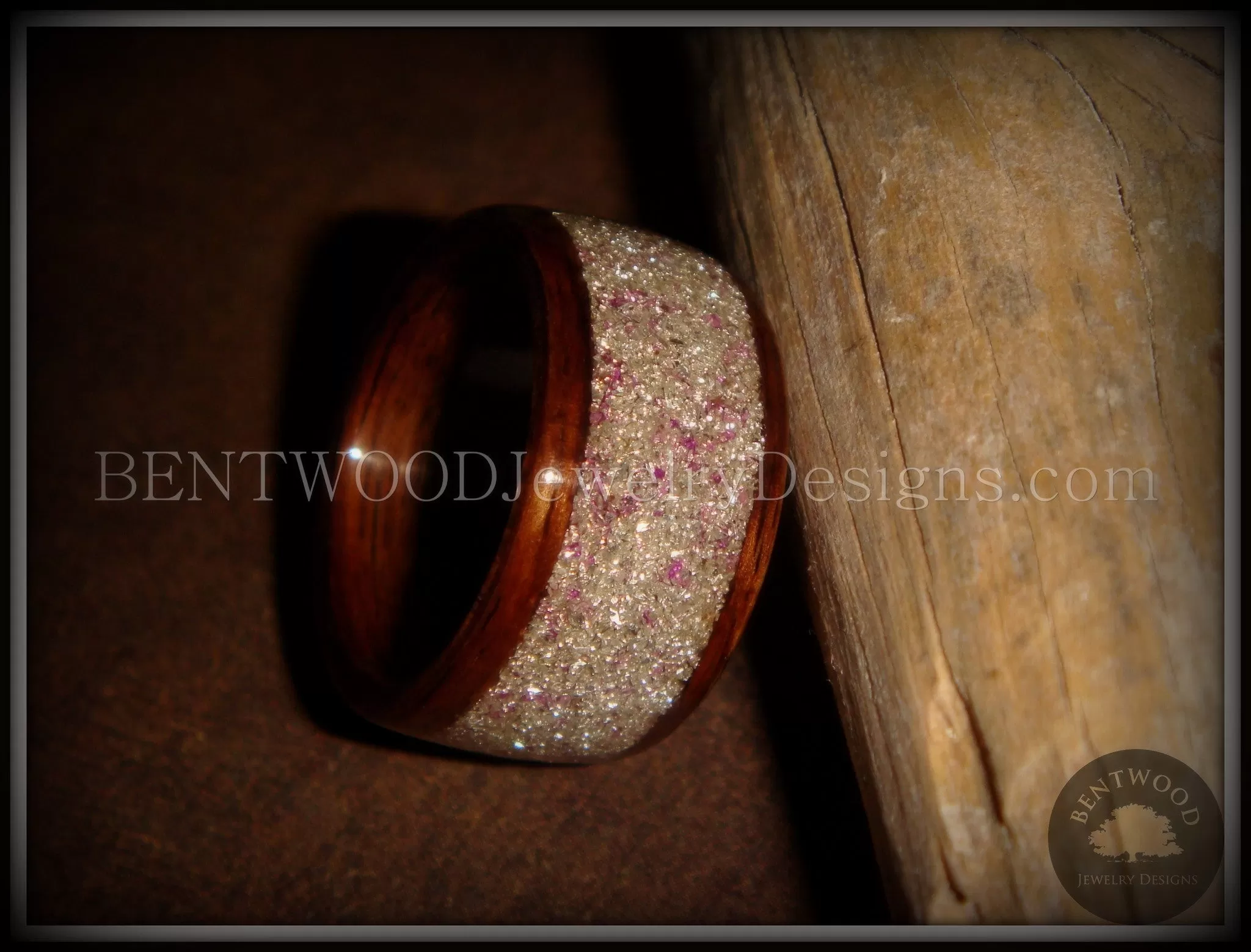 Bentwood Ring - Rosewood Wooden Ring with Silver & Lilac Glass Inlay