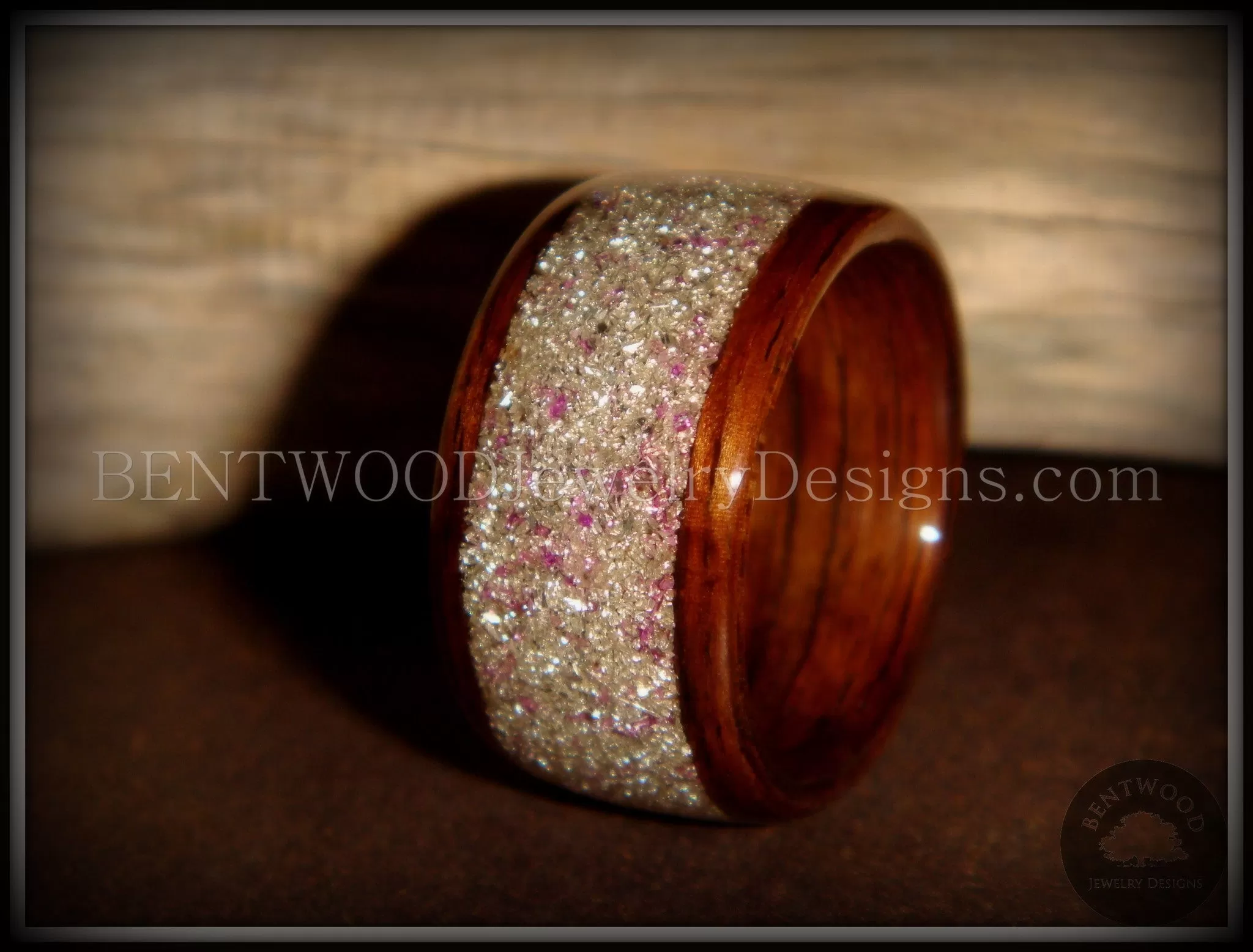 Bentwood Ring - Rosewood Wooden Ring with Silver & Lilac Glass Inlay