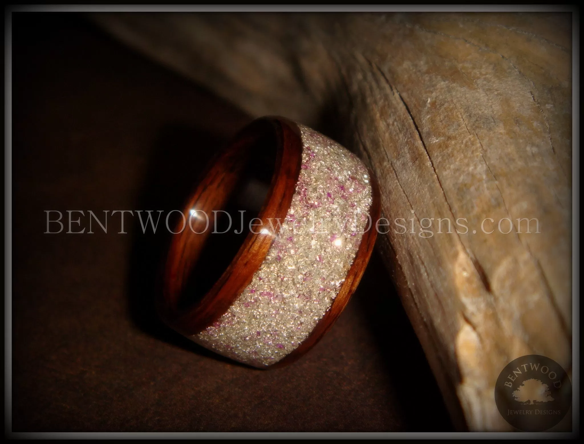 Bentwood Ring - Rosewood Wooden Ring with Silver & Lilac Glass Inlay