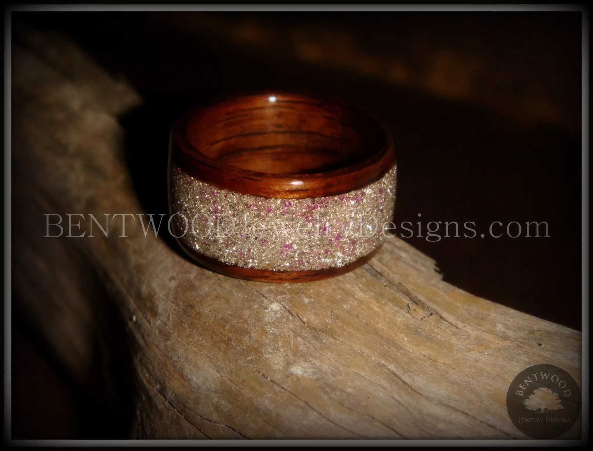 Bentwood Ring - Rosewood Wooden Ring with Silver & Lilac Glass Inlay