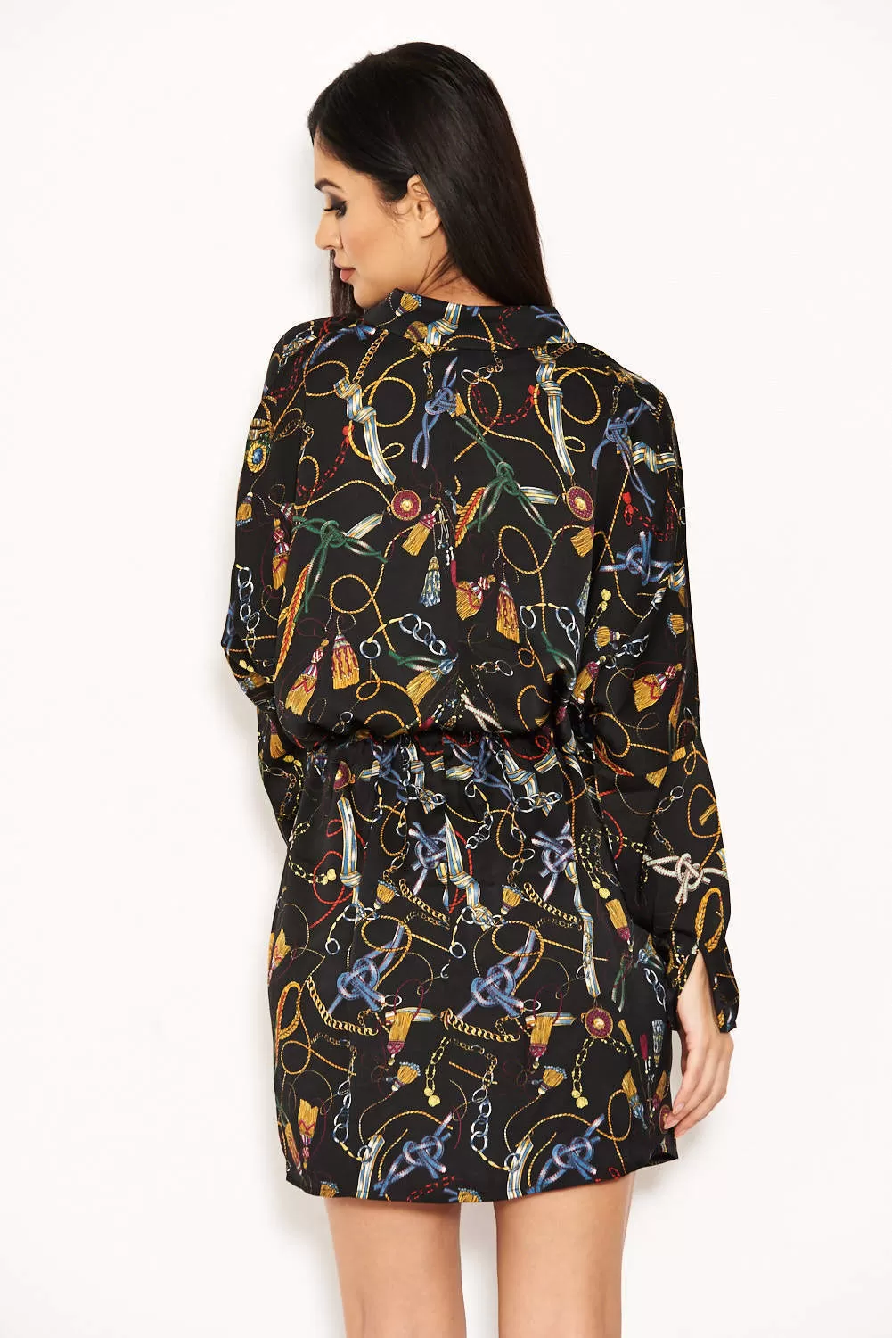 Black Chain Print Bat Wing Dress