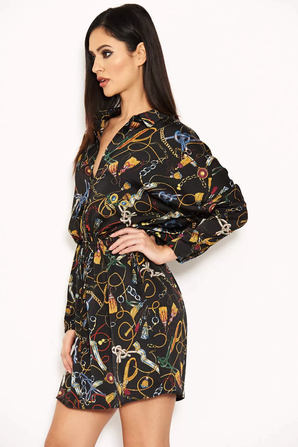 Black Chain Print Bat Wing Dress