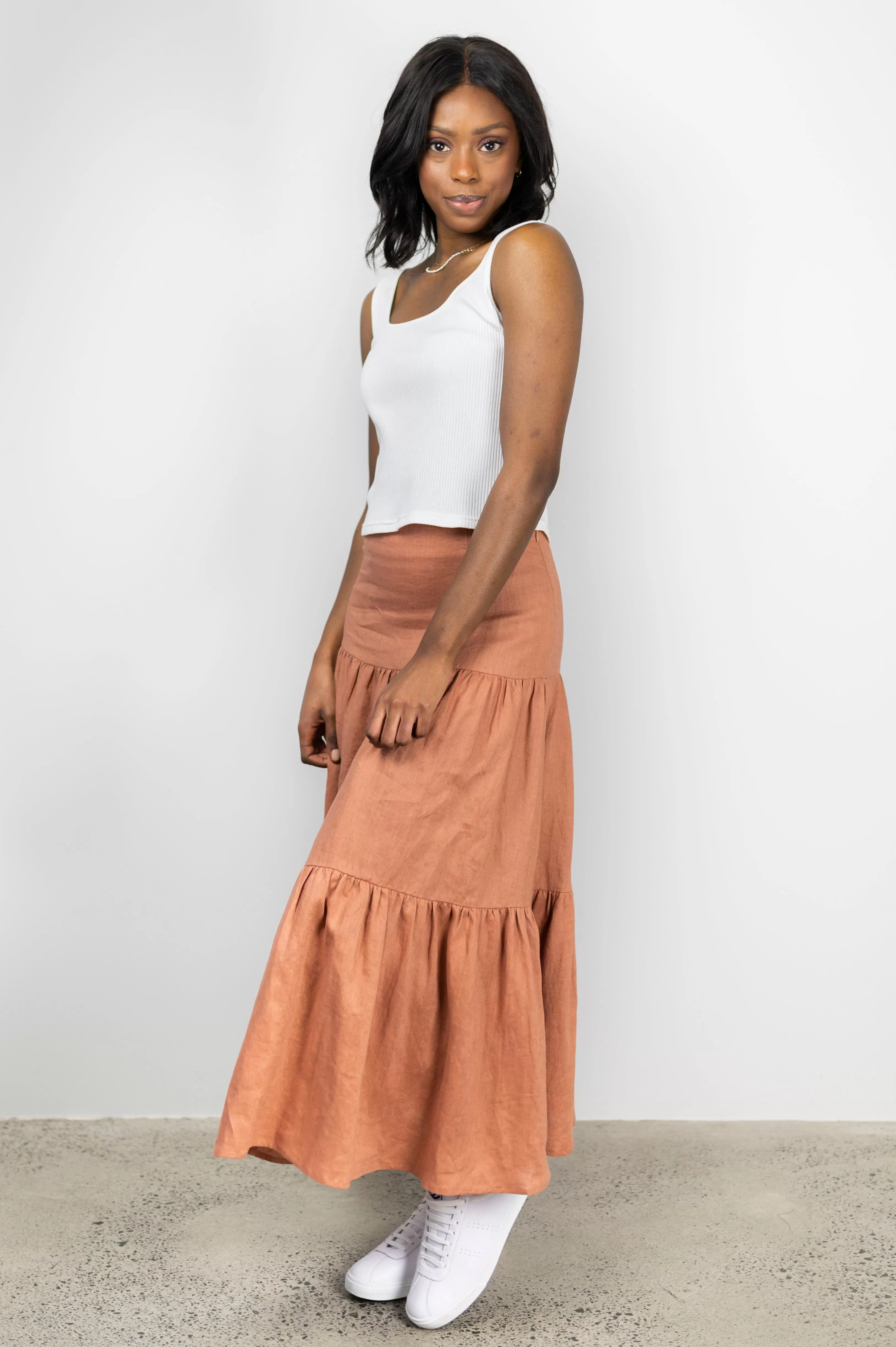 Blazing Toffee Linen Tiered Midi Skirt