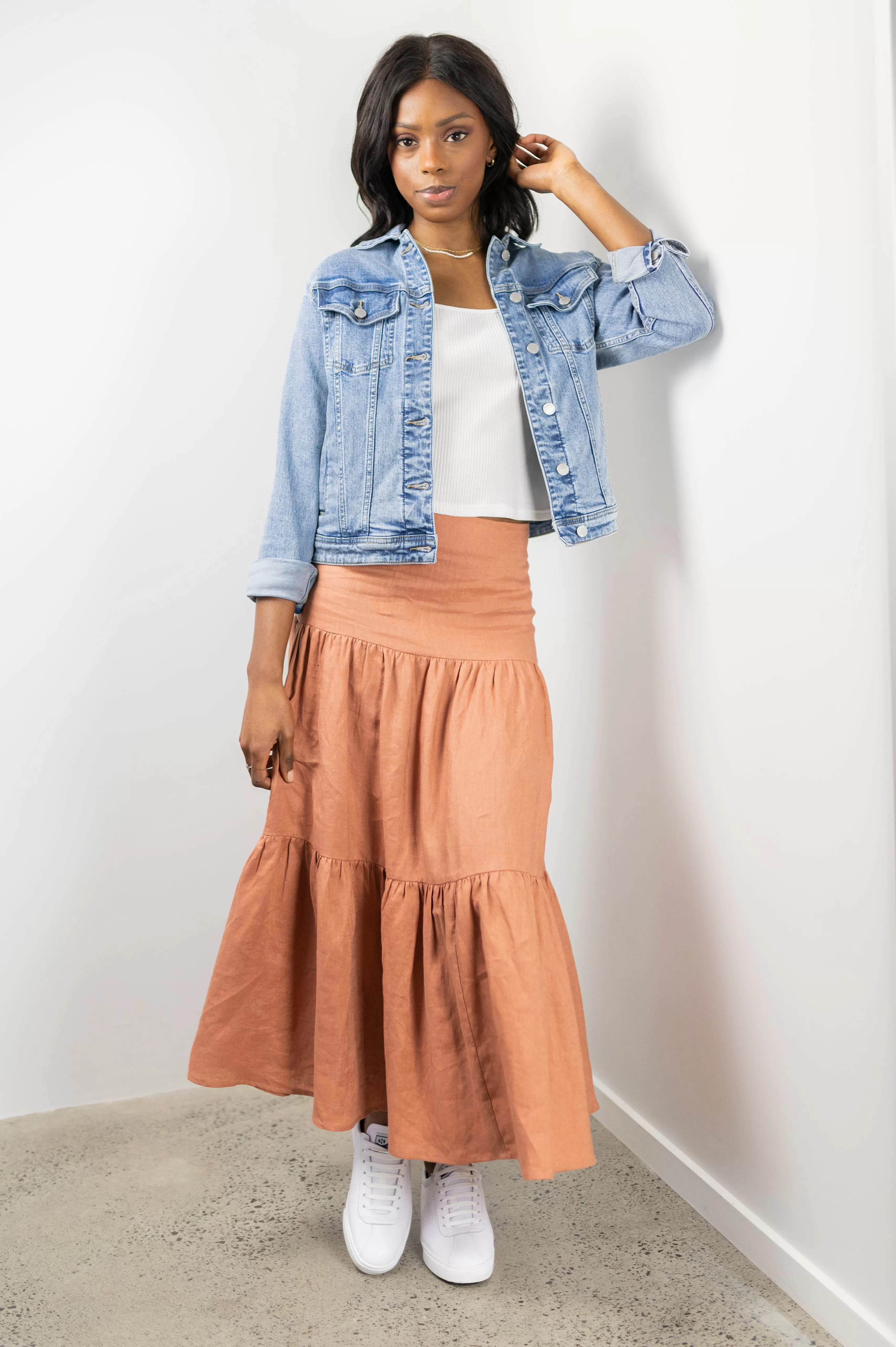 Blazing Toffee Linen Tiered Midi Skirt