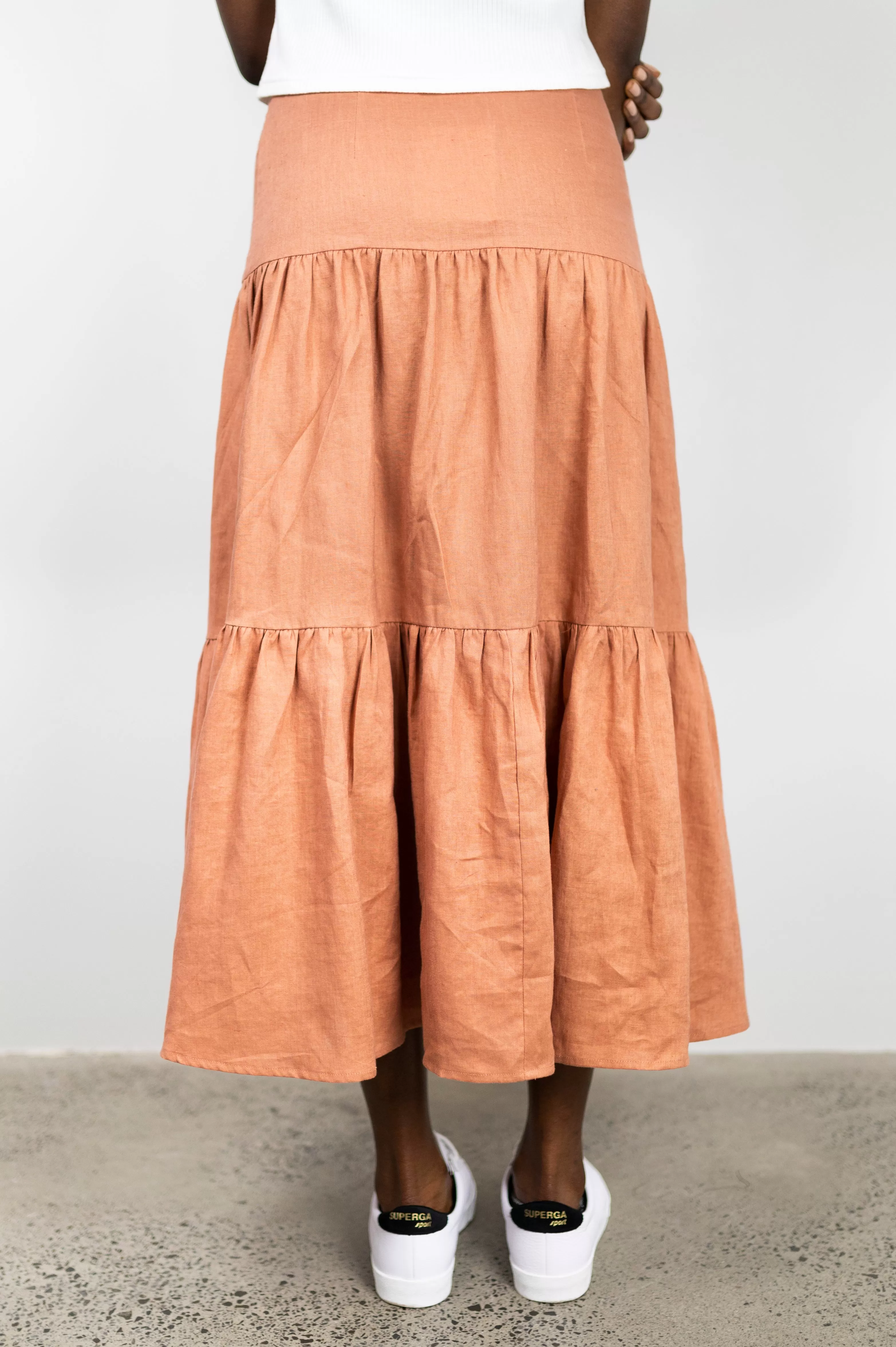 Blazing Toffee Linen Tiered Midi Skirt