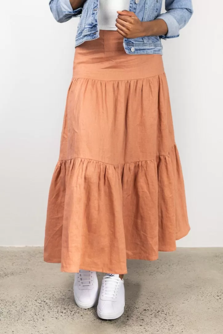 Blazing Toffee Linen Tiered Midi Skirt