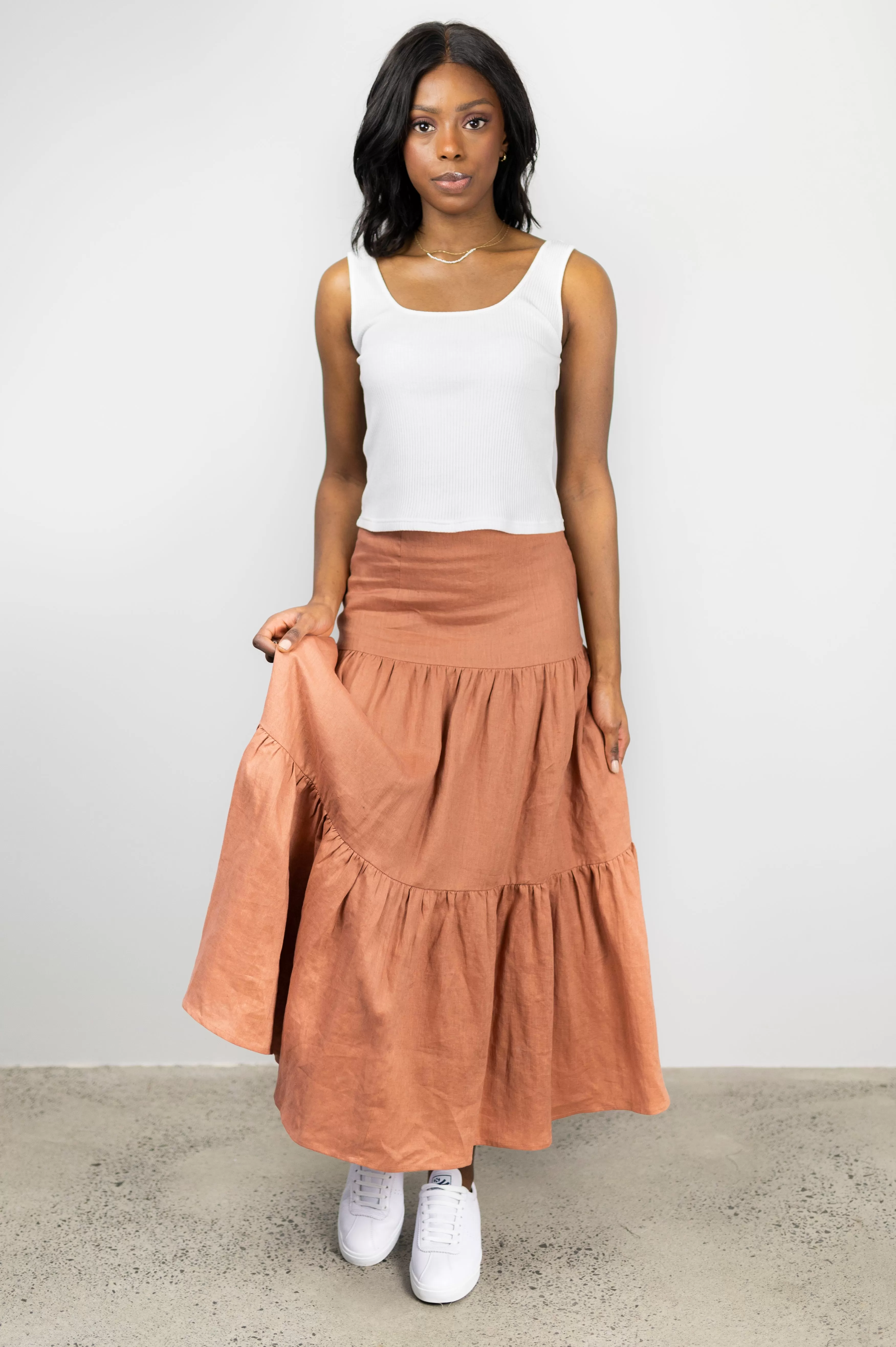 Blazing Toffee Linen Tiered Midi Skirt