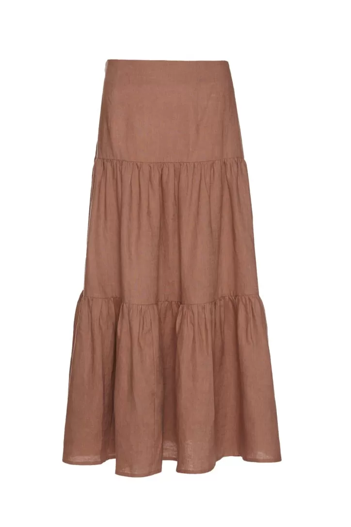 Blazing Toffee Linen Tiered Midi Skirt