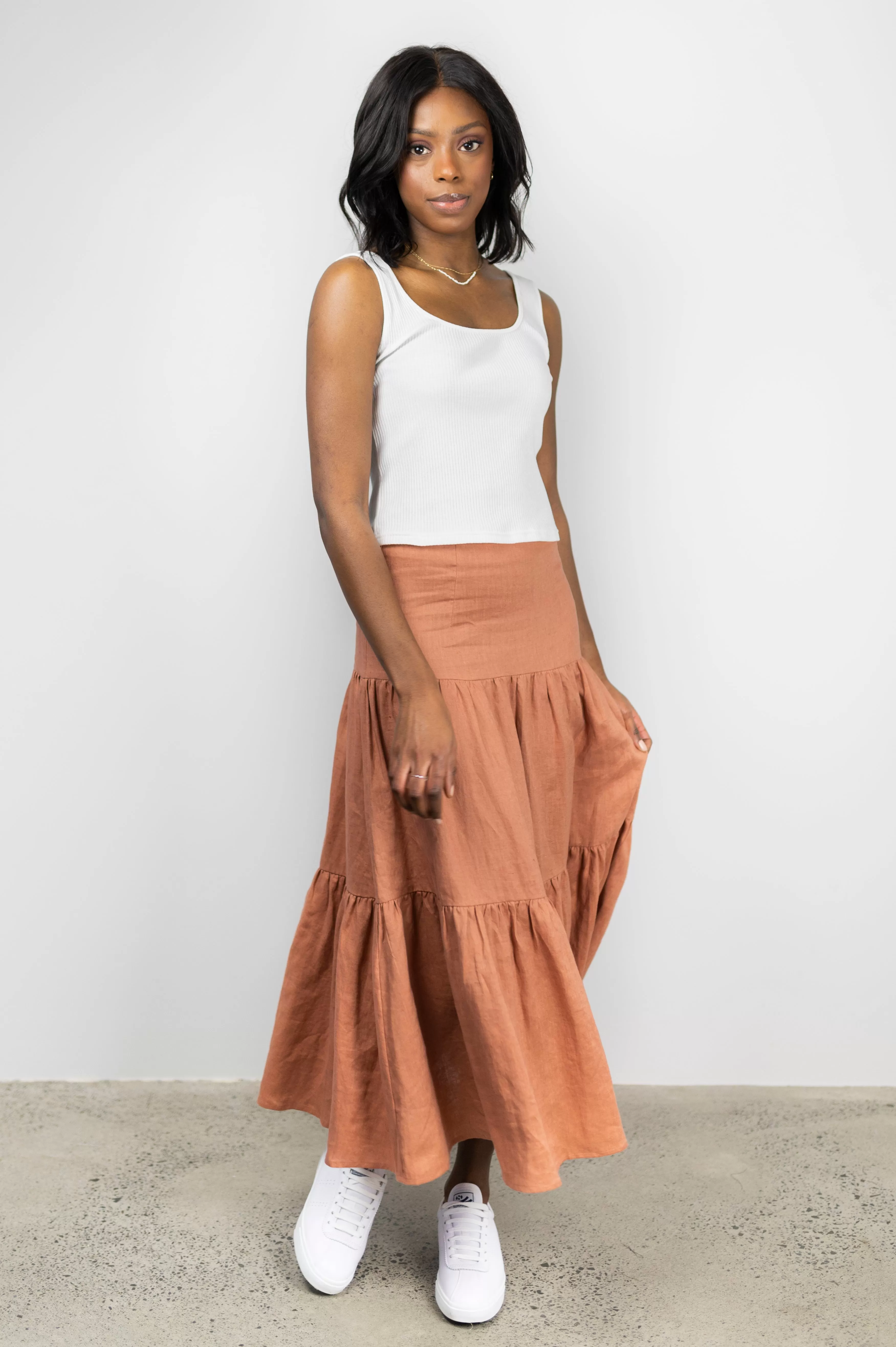 Blazing Toffee Linen Tiered Midi Skirt