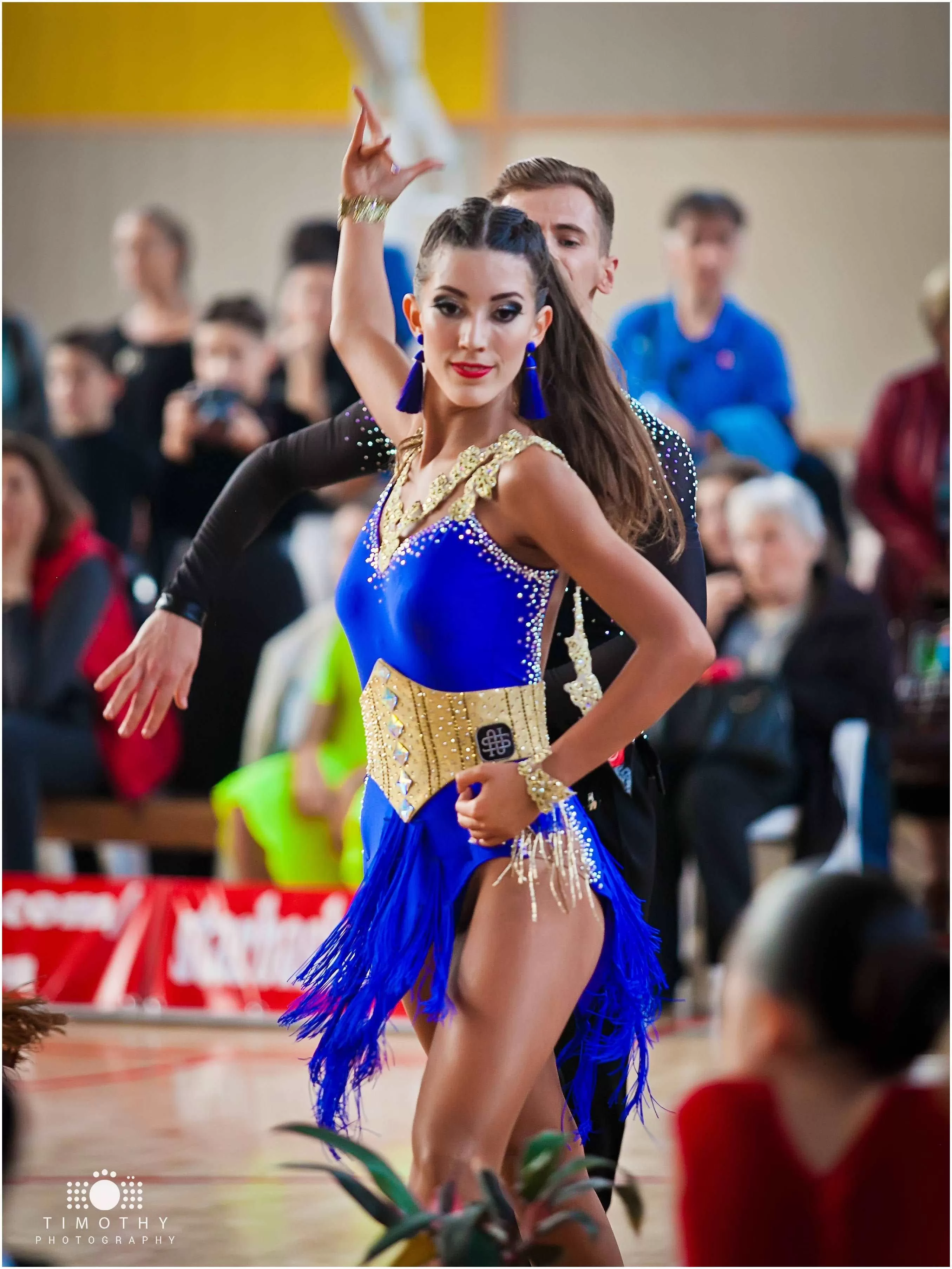 Blue and Gold Latin Dress with Accented Belt