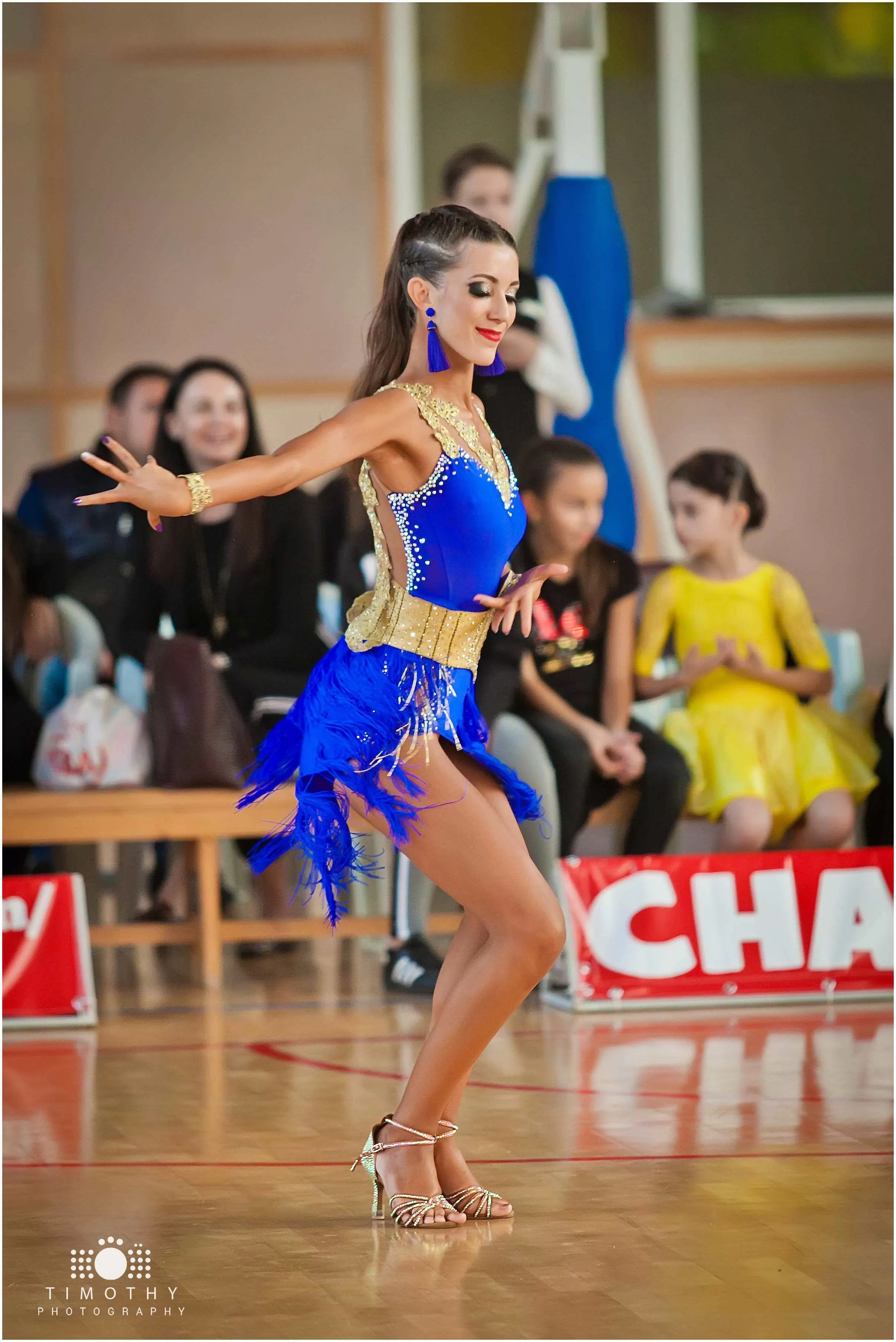 Blue and Gold Latin Dress with Accented Belt