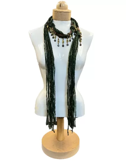 Boho Beaded Lightweight Scarf Necklace - Green and Gold