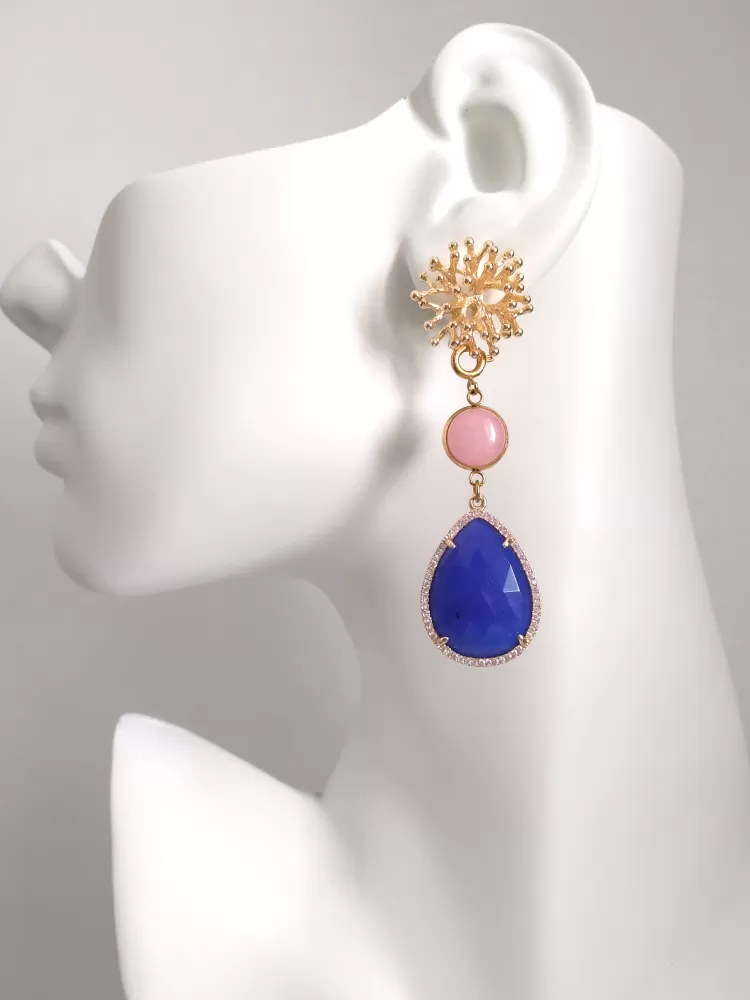 Branch Coral with Pink Opal and Blue Agate Twinset Earrings