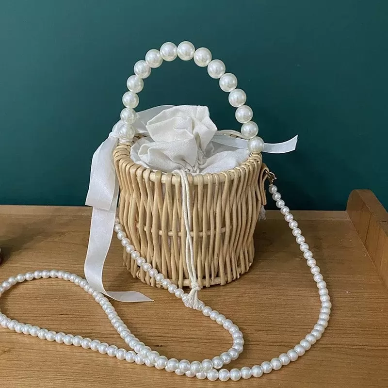 Bucket Rattan Pearl Handle Bag