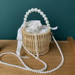 Bucket Rattan Pearl Handle Bag