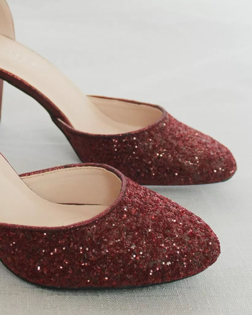 Burgundy Rock Glitter Block Heel with Wrapped Satin Tie