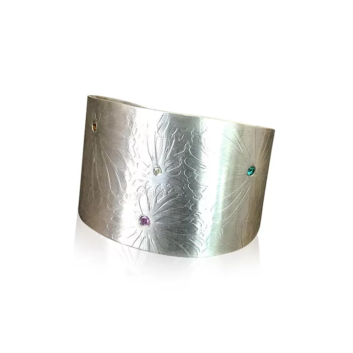 CB14 - Sterling Silver Wide Cuff Bracelet w Flower Texture and Gemstones