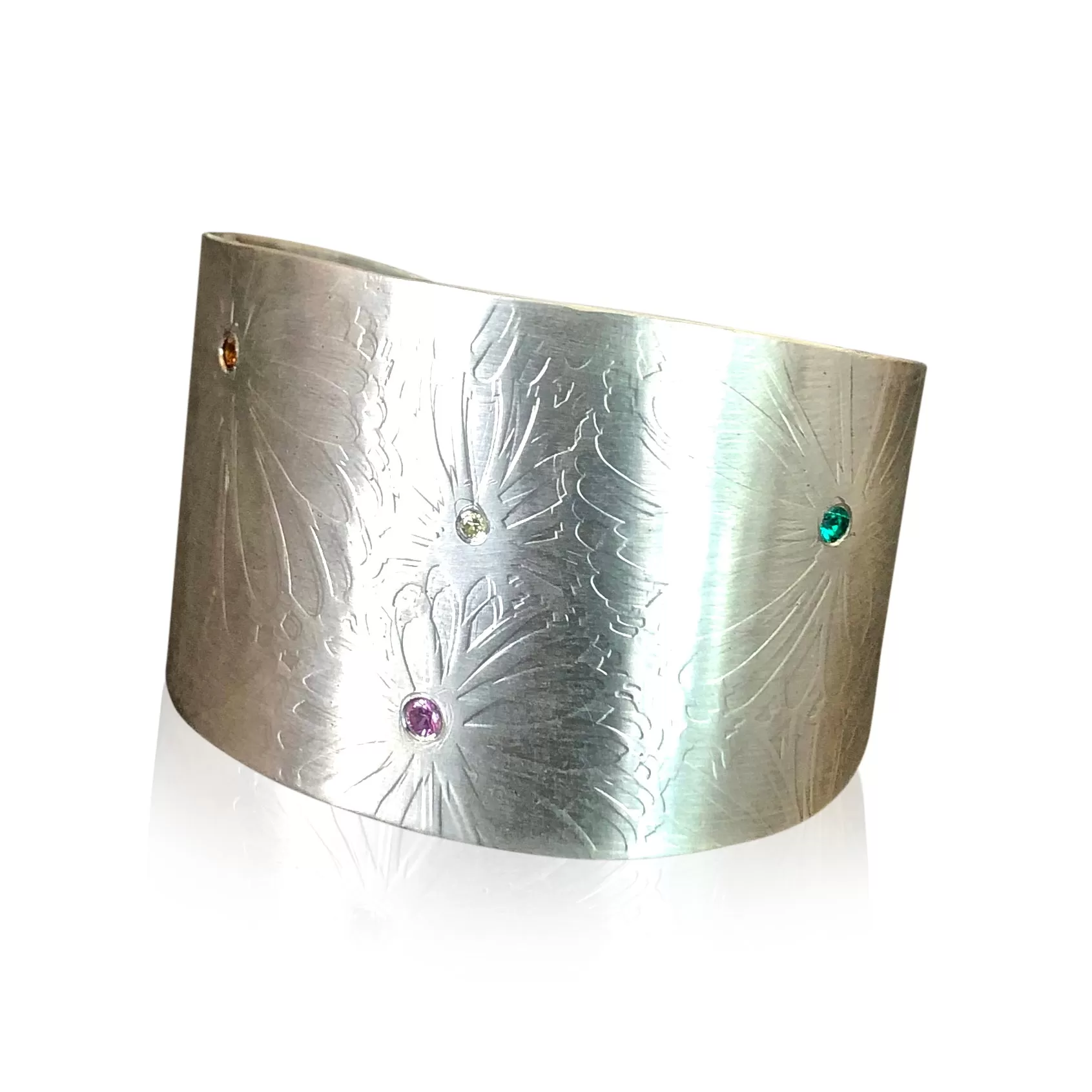 CB14 - Sterling Silver Wide Cuff Bracelet w Flower Texture and Gemstones