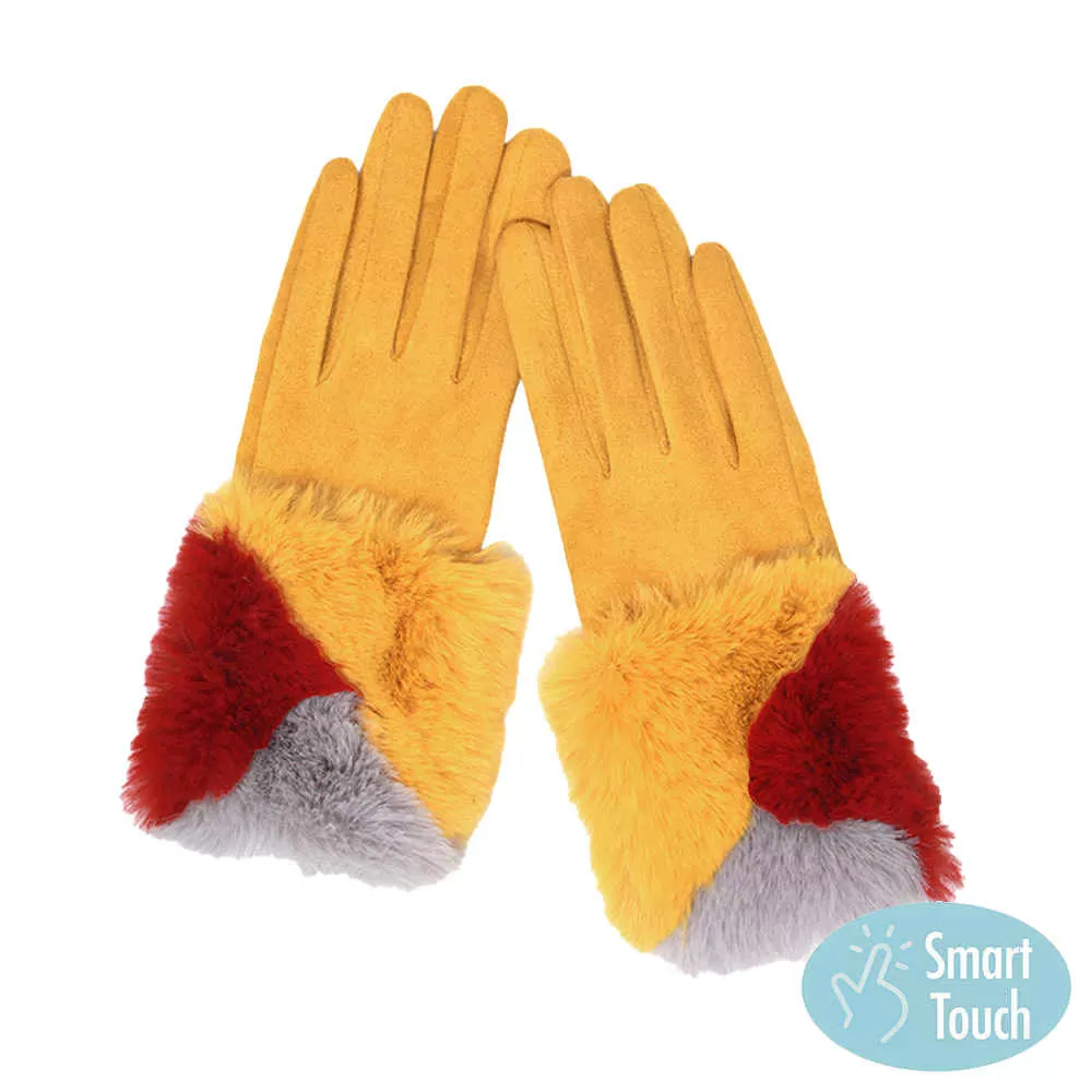 Color Block Faux Fur Cuff Accented Soft Suede Smart Gloves