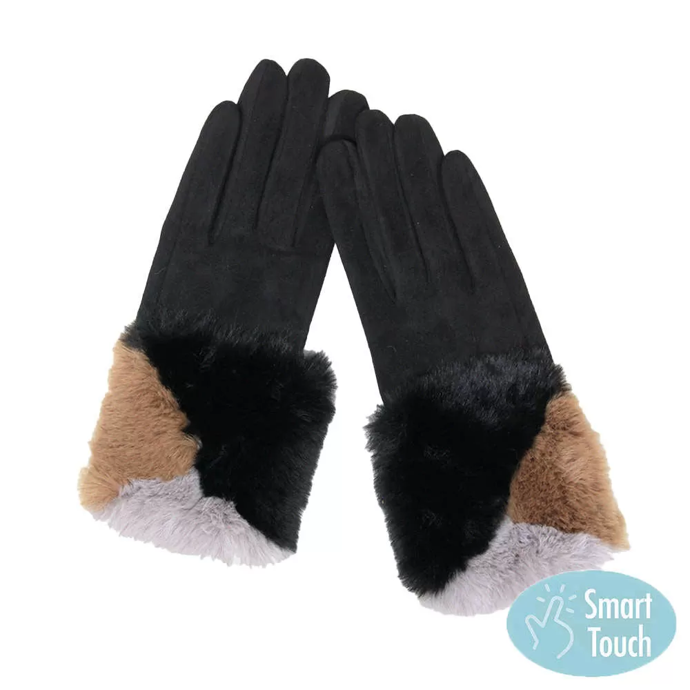 Color Block Faux Fur Cuff Accented Soft Suede Smart Gloves