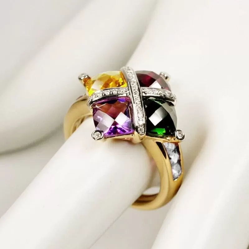 Colorful Amethyst Topaz Emerald Ruby Gold Ring