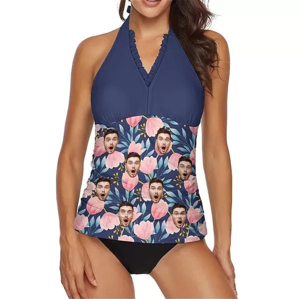 Custom Face Tulips Bloom Tankini Two-Piece Swimsuit