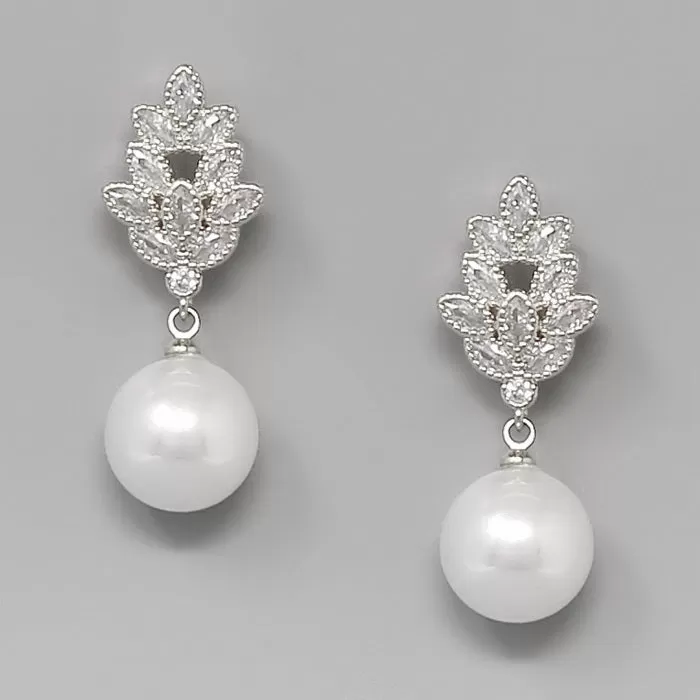 CZ Marquise Cluster Pearl Drop Earrings