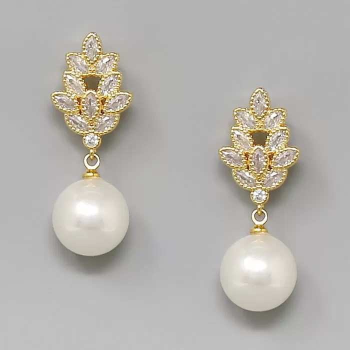 CZ Marquise Cluster Pearl Drop Earrings