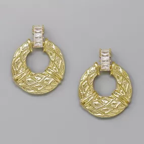 CZ Pave Bar Textured Hoop Drop Earrings