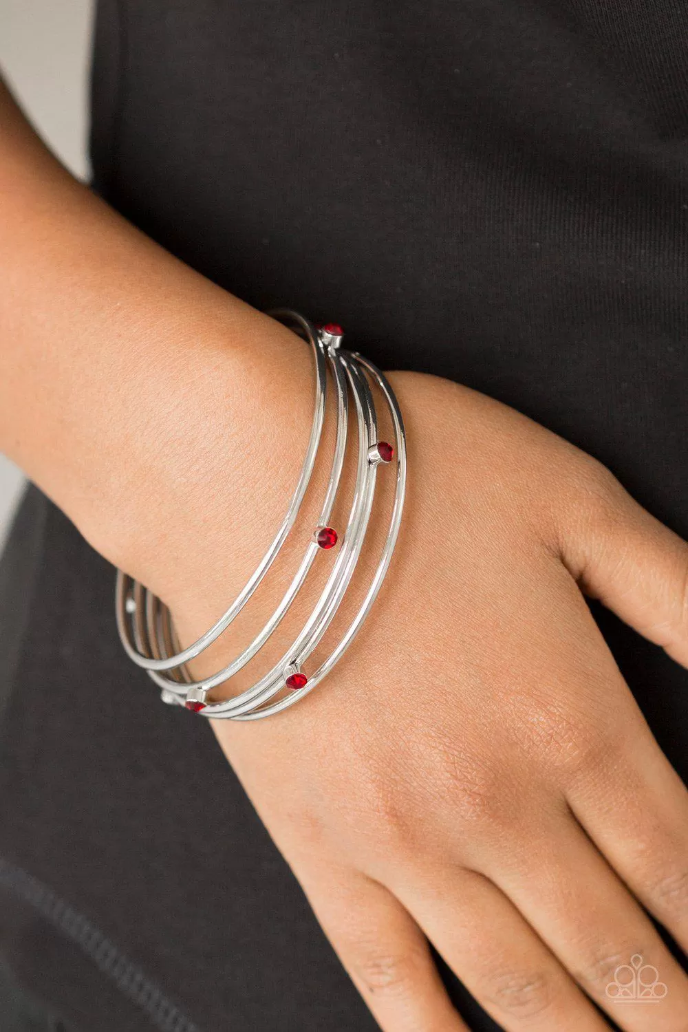 Delicate Decadence Red Rhinestone and Silver Bangle Bracelet Set - Paparazzi Accessories