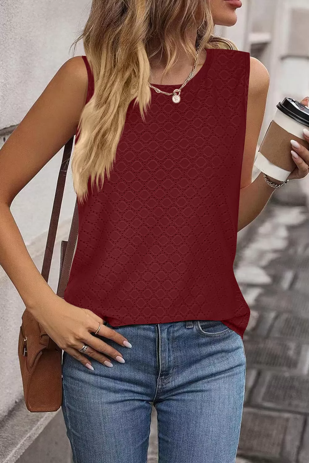 Eyelet Round Neck Tank