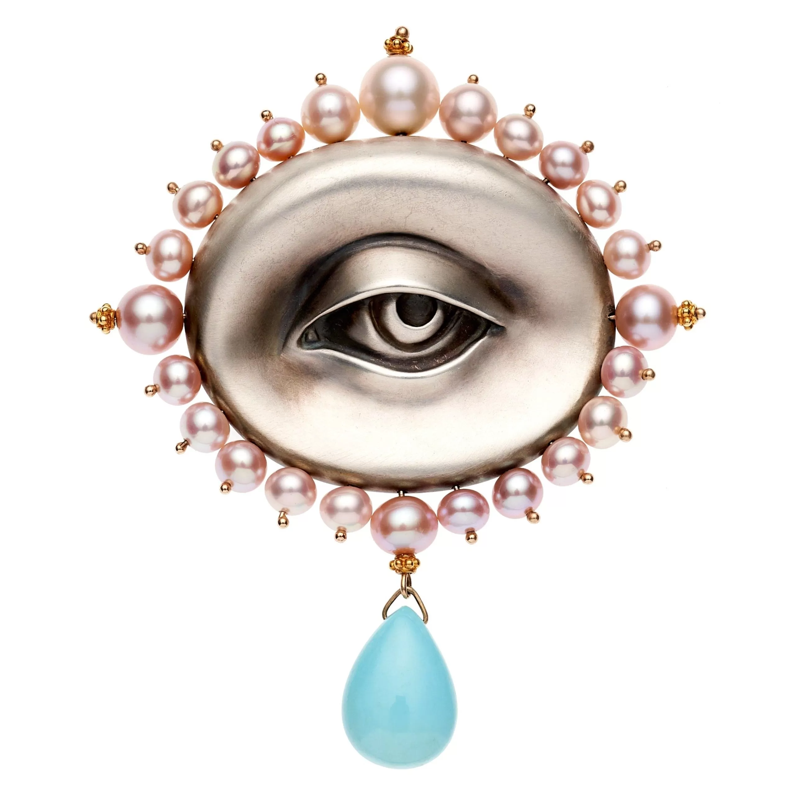 Gabriella Kiss Silver/14k Eye w/ Pink Pearls & Turquoise Brooch