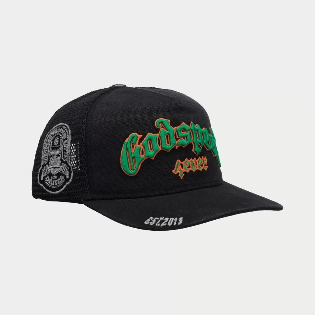 GodSpeed FOREVER TRUCKER HAT (Vintage Black/Green/Orange)