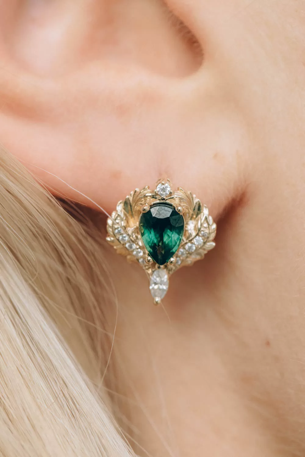 Green sapphire earrings, nature inspired earrings with diamonds / Adonis earrings