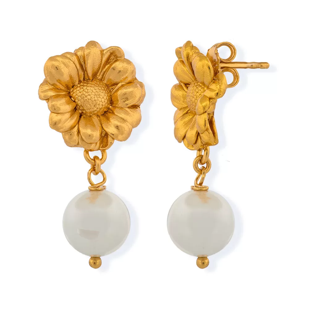 Handmade Gold Plated Silver Chrysanthemum Earrings With Pearls