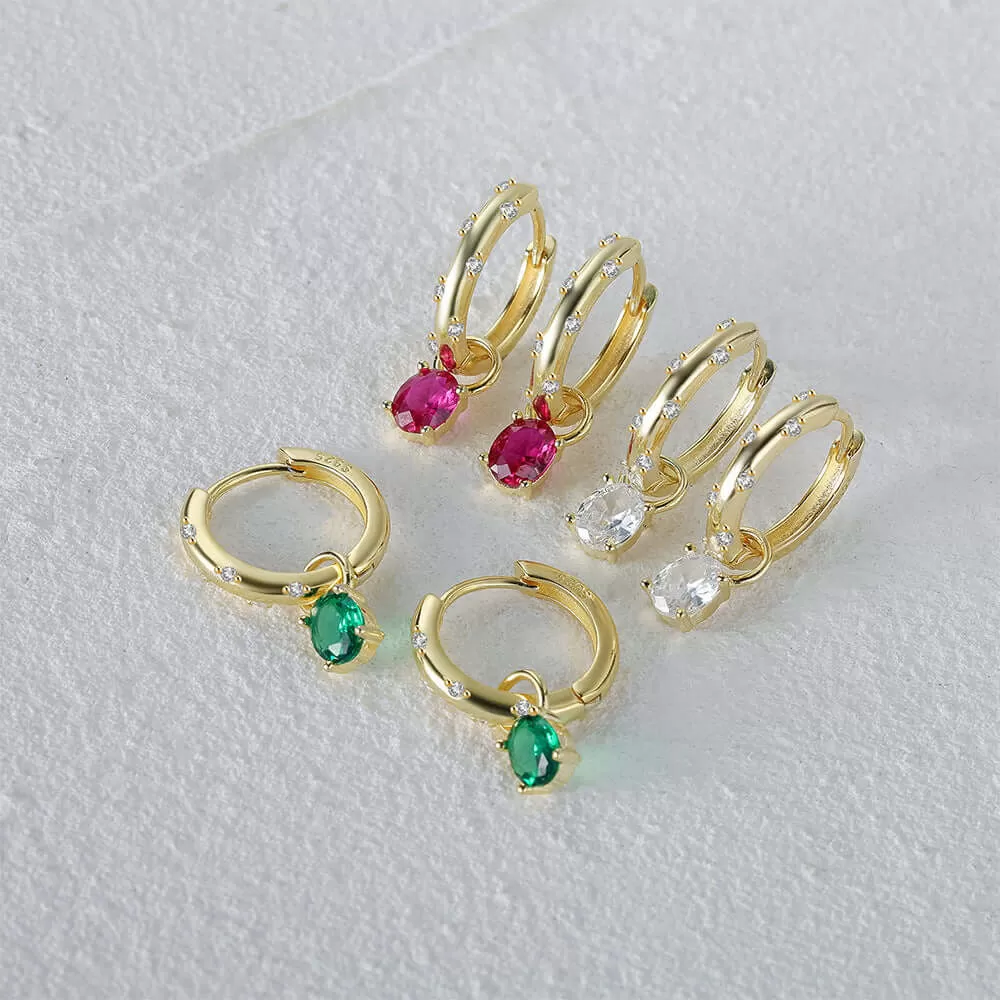 Huggie Hoop Earrings with Colored CZ Diamond Egg-shaped